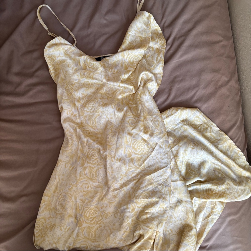 Butter Yellow Floral Satin Cowl Neck Dress